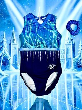 GK Elite Jordan Chiles Girls Leotard Blue Rhinestone Performance Size CM
